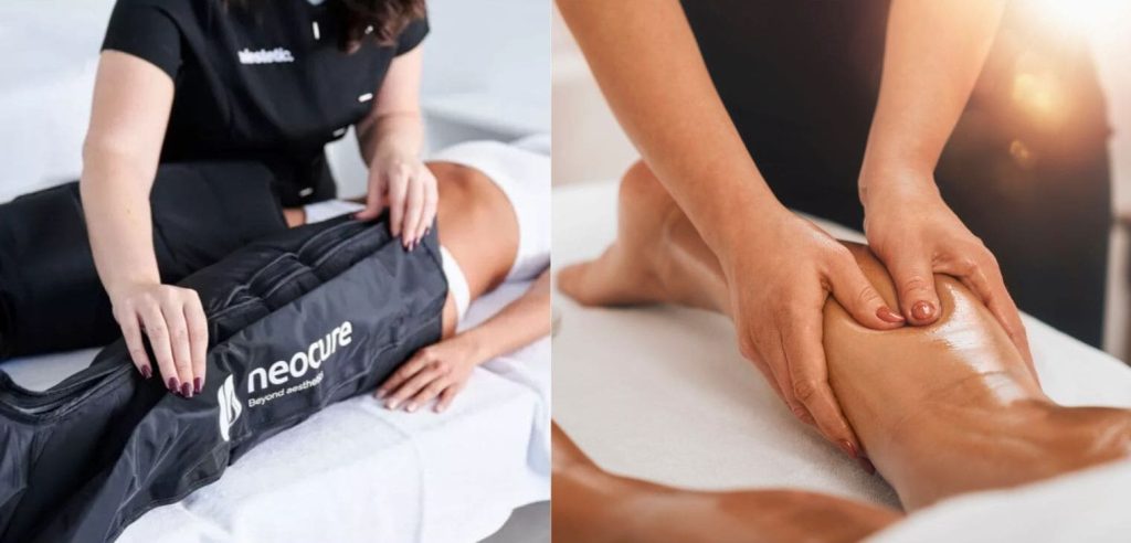 Comparaison entre massage lymphatique manuel et pressothérapie jambes légères pour drainage mécanique et décongestion des jambes